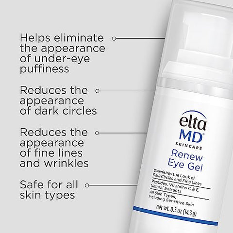 ELTA MD Gel para os Olhos Reduz Olheiras, Linhas Finas e Bolsas – Frasco de Gel com Vitamina C, Peptídeos e Extratos Naturais