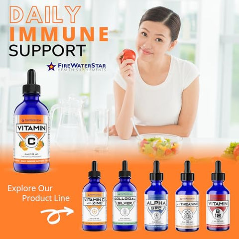 FIREWATERSTAR HEALTH SUPPLEMENTS - FWS Liquid Vitamin C – Suplemento de Vitamina C Líquida Bioativa para Adultos e Crianças – Orgânico, Vegano, Ácido Ascórbico Puro – Saúde da Pele, Suporte Imunológico e Antioxidantes
