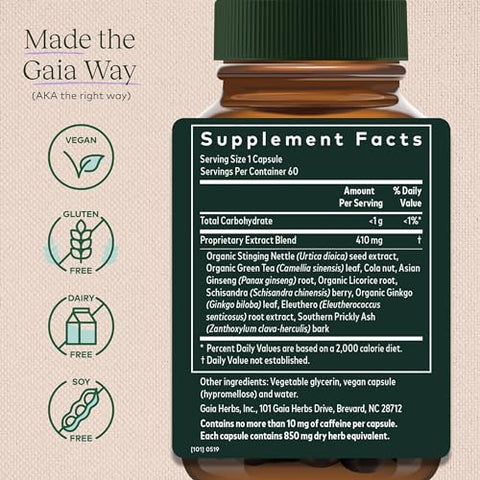 Energy Vitality – Suplemento Energético para Manter Níveis Saudáveis de Energia e Estresse – com Ginkgo, Ginseng, Chá Verde e Urtiga* – 60ml Líquido Vegano - Gaia Herbs