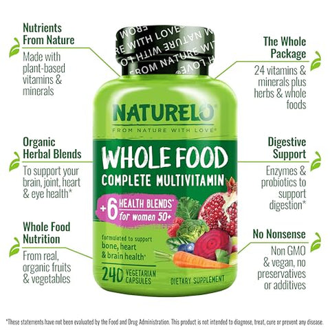 Multivitamínico Integral para Mulheres 50 (Sem Ferro) com Vitaminas, Minerais – Marca NATURELO - NATURELO