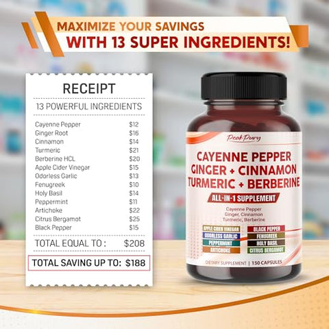 PEAKPURY - Cayenne Pepper 8000mg + Ginger 3000mg + Turmeric 2500mg + Berberine 2500mg – Suporte à Digestão e Saúde Intestinal – Fabricado nos EUA