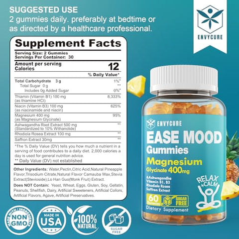 envycure - Gomas de Magnésio Glicinato sem Açúcar 400mg com Ashwagandha, B1, B3, Rhodiola Rosea
