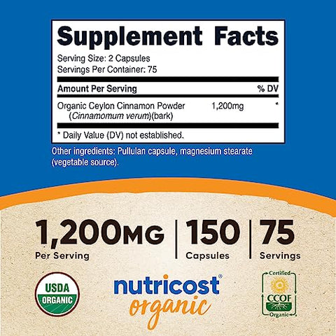 Canela Orgânica (Canela do Ceilão) 1.200mg por Porção, 150 Cápsulas – Livre de Glúten, Não-OGM - Nutricost