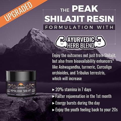600mg Shilajit Puro do Himalaia – Resina Orgânica de Shilajit com Mistura Ayurvédica em Alta Potência para Energia e Força - Ajoblanco