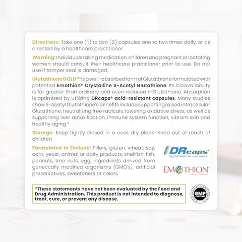Pure Therapro Rx - S-Acetyl Glutathione GOLD – 60 DRcaps “Resistente ao Ácido” | 200mg por Cápsula | Forma Acetilada Patenteada de Glutationa (Emothion®) | Suprimento de 2 Meses | ZERO Preenchedores / Agentes de Fluxo |