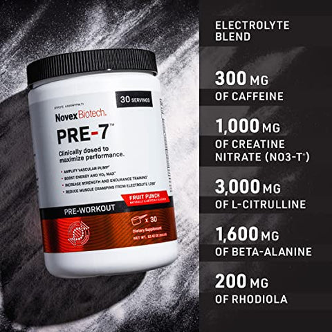PRE-7 Pó Pré-Treino – Melhor pré-treino para Homens – Aumente Energia, Foco e VO2 máx, Ganhe Força e Resistência nos Treinos, Suporte à Hidratação Durante atividades prolongadas - Novex Biotech
