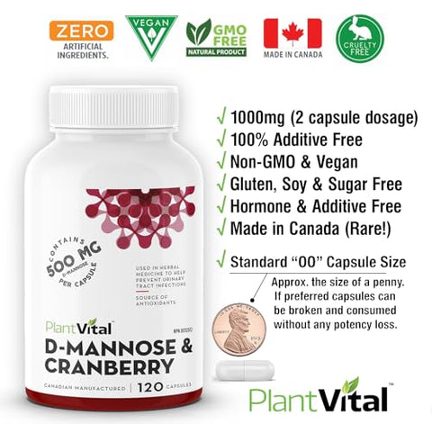 Cápsulas de D-Manose com Cranberry – Cápsulas de D-Manose 1000mg – Alta Potência para Suporte à Bexiga, Rim e Trato Urinário. Pó de Cranberry com Hibisco e - Plantvital
