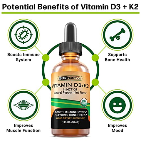 SBR Nutrition - MAX Absorption, Gotas Líquidas de Vitamina D3 K2 (MK-7) com Óleo de TCM, Sabor Menta, Fortalece os Ossos e Promove um Coração Saudável
