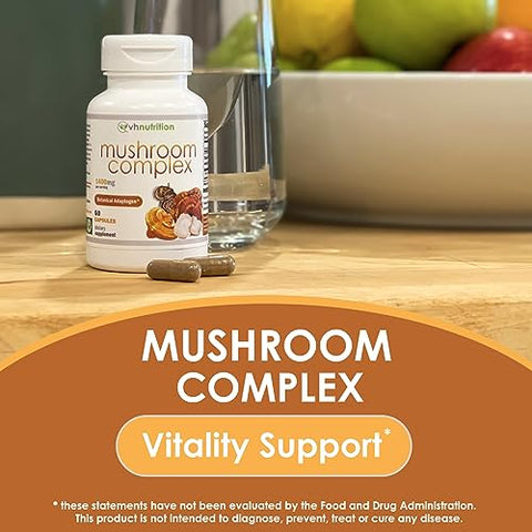 Suplemento de Cogumelo | Complexo de Cogumelos para Suporte Vitalidade* 1400mg | Fórmula Adaptogênica Inclui: Leão da Montanha, Chaga, Reishi, Extratos | 60 Cápsulas - VH Nutrition