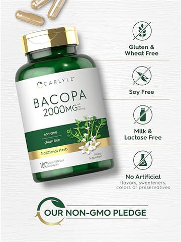 Cápsulas de Bacopa Monnieri | 180 Cápsulas | Suplemento Sem Glúten - Carlyle