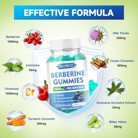 MEENCCD - Berberine Gummies com Canela do Ceilão 1500mg, Alta Potência de Berberina HCL, Mais Canela do Ceilão, Cardo Mariano, Sistema Imunológico