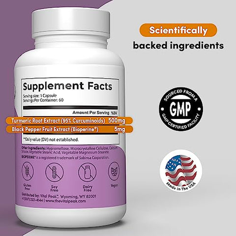 Vital Peak - Curcuma com Pimenta Preta – 500 mg Extrato de Curcuma com 95% Curcuminoides para Articulações, Fígado, Cérebro | Marca: Turmeric Extract