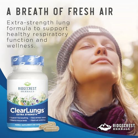 ClearLungs Extra Strength – Fórmula Natural para Saúde Pulmonar, Nasal, Brônquica, Respiratória, Sinusal e Suporte de Muco (60 Cáps, 30 Serv) - RidgeCrest Herbals