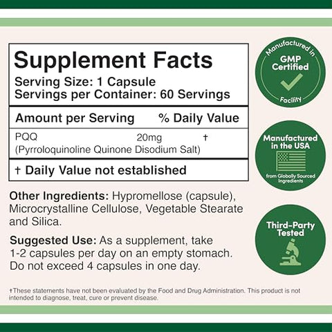 Double Wood Supplements - PQQ 20mg – 60 Cápsulas | Promove Níveis de Coenzima ATP Mitocôndria, Otimizador de Energia e Suporte ao Sono | Sem OGM, Sem Glúten, Vegano | Marca: [Nome da Marca]