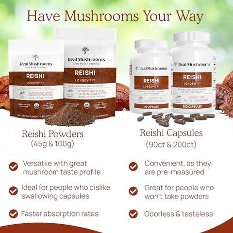 Reishi Cápsulas – Extrato de Cogumelo Orgânico com Potente Reishi Vermelho para Longevidade, Humor e Sono – 100% Natural e Eficaz - Real Mushrooms