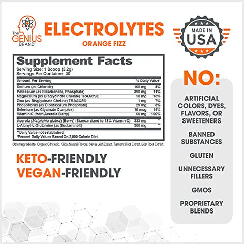 The Genius Brand - Genius Pó para Bebida de Eletrólitos, Sabor Laranja Efervescente, 30 Porções – Impulsionador Natural de Hidratação