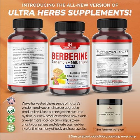 ULTRA HERBS - Premium Berberine 12,200MG com Canela, Cardo de Leite *Fabricado nos EUA | Berberina Premium 12,200MG com Canela e Cardo de Leite