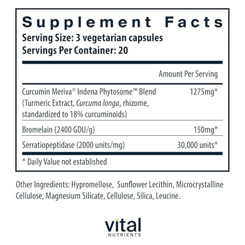 Phyto-Curcumin Plus Enzymes | Suplemento de Curcumina com Extrato de Fitossoma | Suporte para Saúde Muscular, Óssea, Hepática e Cardíaca* | Livre de Glúten, Laticínios e Soja | 60 cápsulas - Vital Nutrients