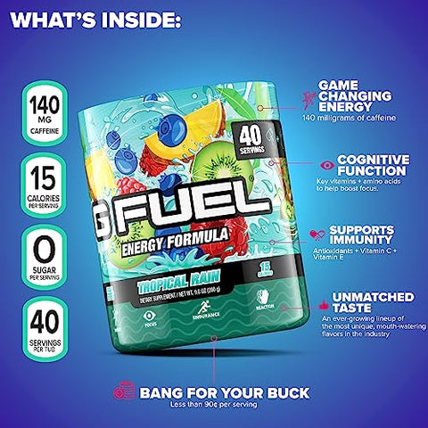 Gamma Labs G Fuel Tropical Rain – Pó Energético, Sem Açúcar, Cafeína Limpa, Suplemento para Foco, Mistura para Água, Sabor Frutas Tropicais, Aminoácidos para Foco, Vitaminas Antioxidantes, 280g