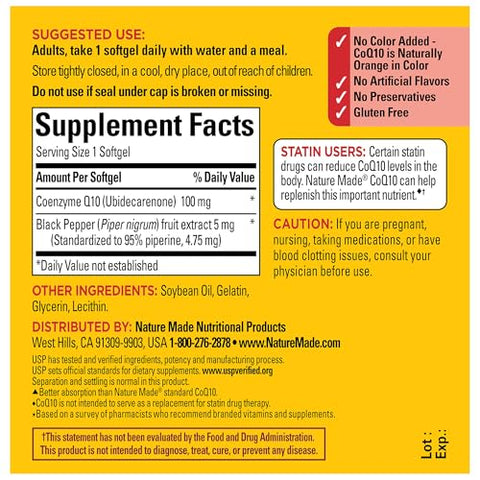 CoQ10 100mg com Extrato de Pimenta Preta para Melhor Absorção de Nutrientes, Suplemento Dietético para Apoio à Saúde Cardíaca, 30 Softgels, Fornecimento de 30 Dias - Nature Made