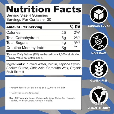 CreaChew - Gummies de Creatina Monohidratada Melhorada com 5g, Veganos, Sem Glúten, Não-OGM, Sabor Framboesa Azul – Gummies de Creatina Monohidratada para Homens e Mulheres