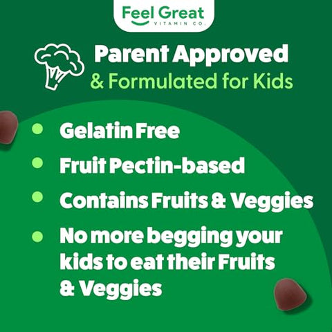 The Feel Great Vitamin Company - Feel Great Super Green Gummies para Crianças | Gomas de Frutas e Vegetais | Multivitamínico Vegano em Goma para Crianças | Suplemento de Fibra Vegetal | 60 Unidades