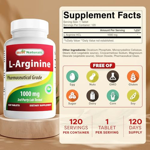 3 Pack L-Arginine 1000 mg 120 Tablets – Suplemento de L-Arginina de Grau Farmacêutico Promove a Síntese de Óxido Nítrico (Total de 360 Comprimidos) - Best Naturals