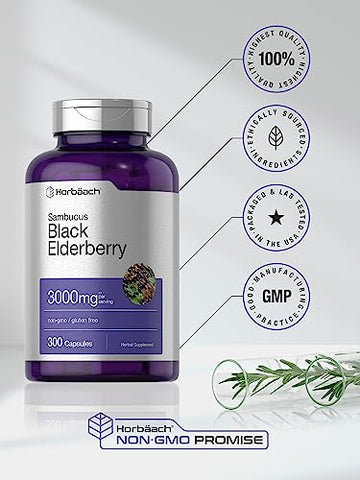 Black Elderberry | 3000mg Cápsulas | 300 Unidades | Sem GMO, Sem Glúten | Suplemento de Sambucus - Horbäach