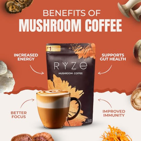 RYZE SUPERFOODS - RYZE Café de Cogumelo | 6 Cogumelos Adaptogênicos | Café Instantâneo | Melhor Energia, Foco, Digestão, Imunidade | Cultivado Organicamente nos EUA | Cordyceps, Cabeça de Leão, Shiitake, Reishi | 100% Natural