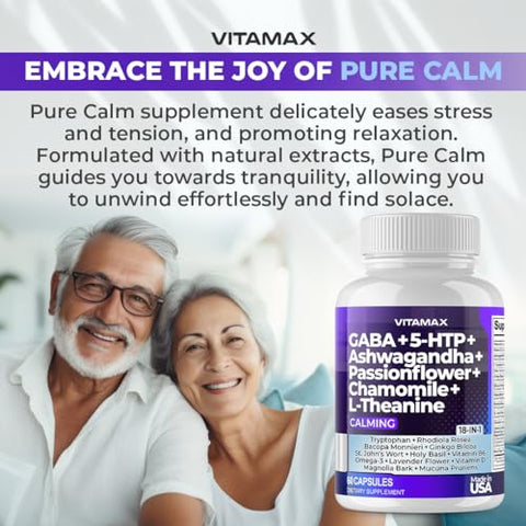 Vitamax - GABA 500mg 5 HTP 150mg Ginkgo Biloba L Tryptophan 500mg L Theanine 200mg Ashwagandha 2000mg – Vitaminas Calmantes para Homens e Mulheres – Fabricado nos EUA (60 Unidades)