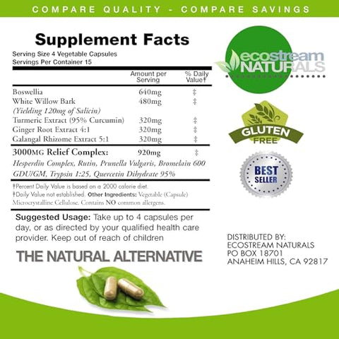 ecostream Naturals - Fórmula 3000 InflamCalm Avançada para Mulheres com Cúrcuma, Curcumina, Enzimas e Boswellia. Vegetariano, Sem Glúten – Embalagem Pode Variar
