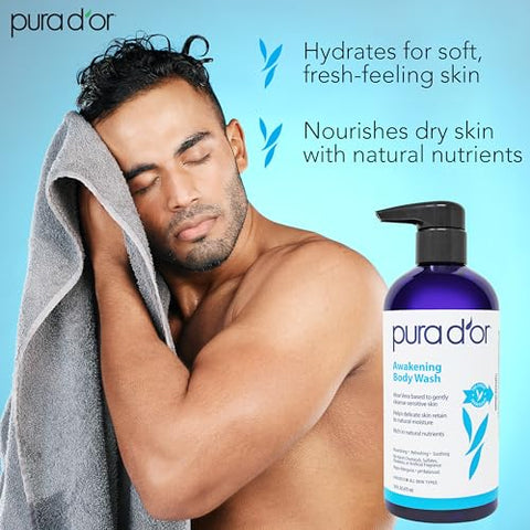 PURA D'OR - PURA D’OR Body Wash Despertar (480ml x3 = 1440ml) Aloe Vera, Camomila, Lavanda, Tea Tree para Fragrância Terrosa Revigorante, pH Balanceado para Pele Hidratada e Macia, Sensação de Frescor, Tudo