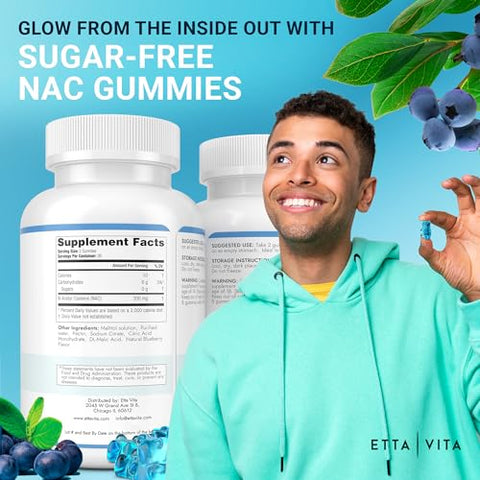 Etta Vita - Gomas NAC sem açúcar, suplemento de N-Acetil Cisteína (revestido com óleo MCT para absorção), suplemento NAC para saúde respiratória e desintoxicação do fígado