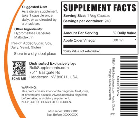 BulkSupplements - BULKSUPPLEMENTS.COM Cápsulas de Vinagre de Maçã – ACV Pills para Digestão | 100% Natural | 60 cápsulas | Frete Grátis