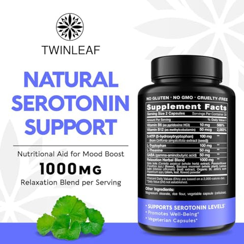 TWINLEAF - Suplemento Natural de Serotonina – 5HTP Serotonina Made in USA – 60 cápsulas de 100mg