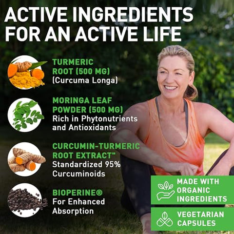 PIUS NATURE - Turmeric Moringa – Cápsulas Vegetais Orgânicas de Cúrcuma Curcumina e Pó Orgânico de Moringa – 120 Cápsulas Veggie para Mulheres e Homens