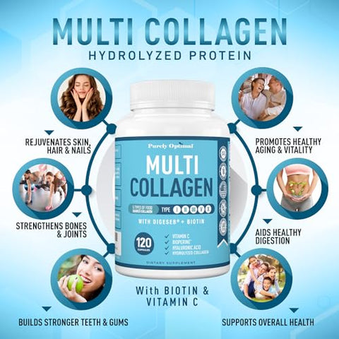 Purely Optimal - Premium Multi Colágeno Peptídeos (Tipos I, II, III, V, X) – Cápsulas de Colágeno para Cuidados com a Pele, Crescimento Capilar, Unhas – Marca em Destaque