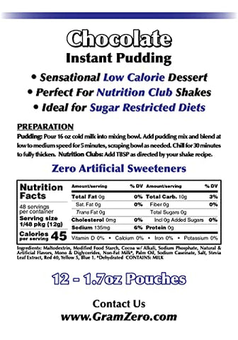 Mix de Pudim de Chocolate Sem Açúcar GramZero 12-Pack, Ideal para Shakes Substitutos de Refeição em Clubes de Nutrição, Sobremesa de Baixa Caloria, Adoçado com Stevia