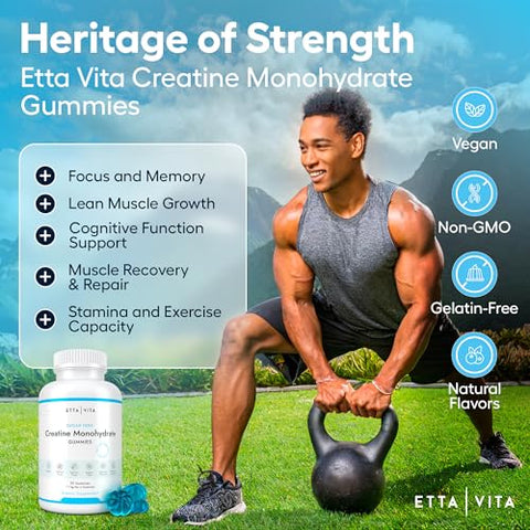 Etta Vita - Gomas de Creatina Monohidratada Sem Açúcar (1g/Goma) – Gomas Potentes de Creatina para Homens
