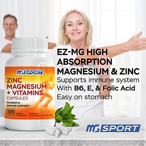 Suplemento de Magnésio e Zinco com Vitaminas B6 e B9, Alta Absorção para Suporte Imunológico, Recuperação Muscular, EZ-MG Fácil no Estômago, 120 Cápsulas - MgSport