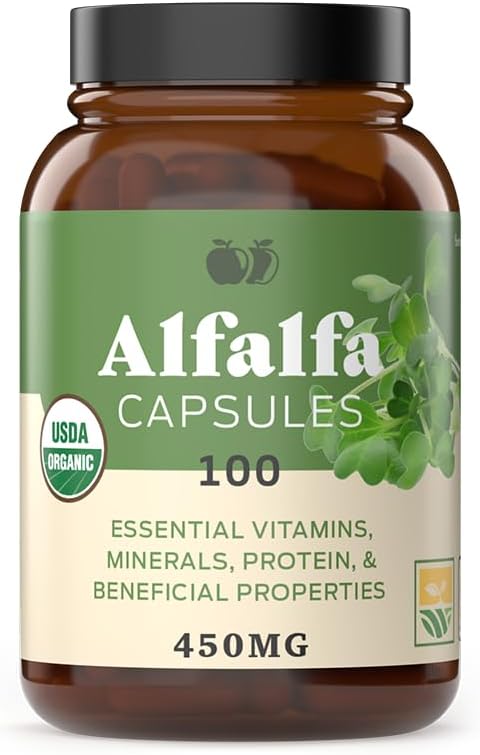 100 Cápsulas de Folha de Alfafa Pura – 630mg de Pó de Folha de Alfafa Orgânica Seca em Cápsulas Vegetais - Complete Natural Products