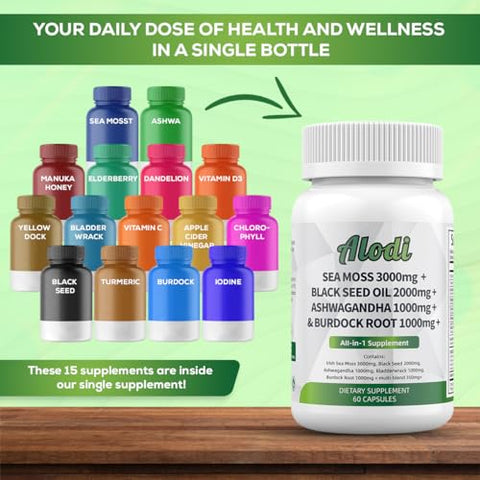 Alodi - Sea Moss Shilajit Ultra Wellness Bundle – Shilajit 9000mg Ashwagandha 2000mg Ginseng Rhodiola Cordyceps Sea Moss 3000mg Black Seed Turmeric Bladderwrack Burdock Root (60 cápsulas)