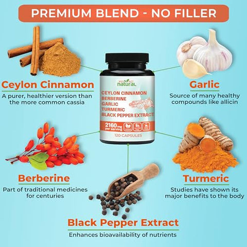 Why Not Natural - Cápsulas Orgânicas de Canela do Ceilão 5 em 1 com Berberina, Alho, Cúrcuma, Extrato de Pimenta Preta (120 Cápsulas)