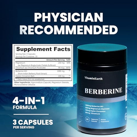 Vitamin Earth - Berberine HCL Complex 1000mg – Fórmula Médica com Canela Ceylon e Picolinato de Cromo – Puro Berberine – 60 Cápsulas