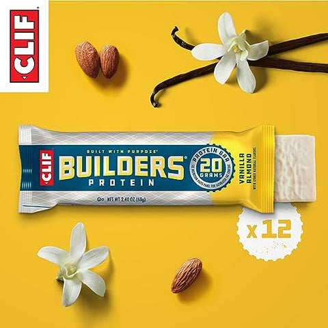 CLIF BUILDER'S - CLIF Builders – Barra de Proteína à Base de Plantas – Sabor Baunilha Amêndoa – Sem Glúten – Não-OGM – Baixo Índice Glicêmico – 20g Proteína – 68g (12 Unidades)