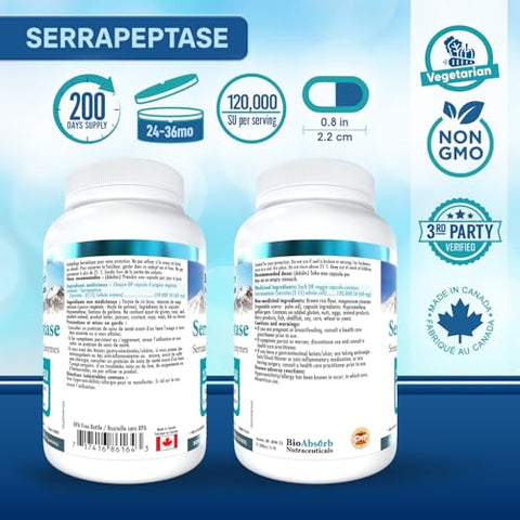 Bio Absorb Nutraceuticals - Bio Absorb Enzima Serrapeptase, Alta Potência 120000 Unidades (SPU), Suprimento de 200 Dias, Cápsulas Vegetarianas de Liberação Retardada (DRcaps) para Máxima Absorção – Bio Absorb Serrapeptase Enzima