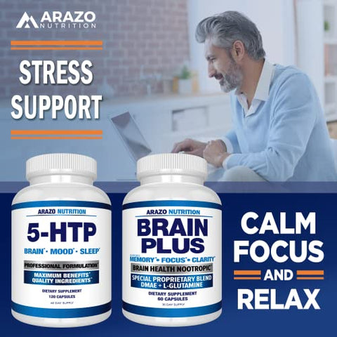 5-HTP 200 MG Plus Calcium – Suporte para Humor e Sono – Promove Calma e Relaxamento – Alta Pureza 99% – 120 Cápsulas - Arazo Nutrition