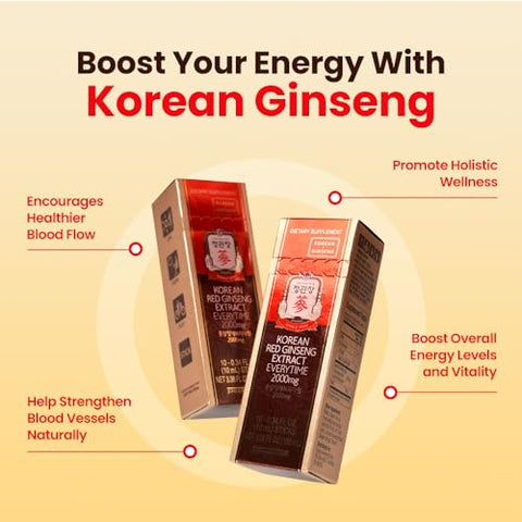 JUNG KWAN JANG - Extrato de Ginseng Vermelho Coreano Everytime 2000mg | Suplemento Energético, Chá de Ginseng, Alimento Coreano | Sem Cafeína, Aumenta Energia, Fortalece Imunidade | 30 Unidades