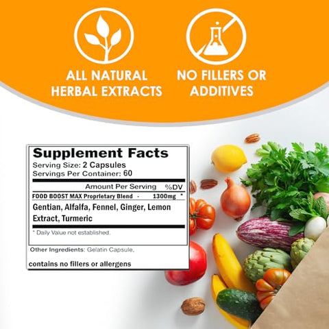 FoodBoost MAX | Estimulante de Apetite 1300mg* para Ganho de Peso* para Homens e Mulheres | Fórmula com Genciana, Cúrcuma, Funcho | 120 Cápsulas - VH Nutrition