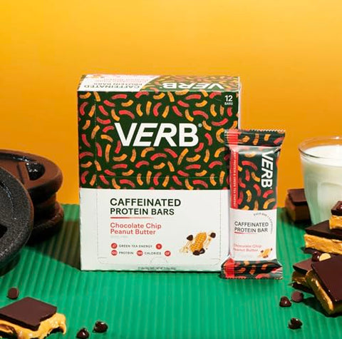 Verb Caffeinated Energy Bar - Verb Energy – Barra de Proteína Energética com Cafeína de Manteiga de Amendoim e Chocolate Chip – 10g de Proteína, 6g de Açúcar, 190 Calorias – Snacks Veganos – Barras de Café da Manhã sem Glúten com Chá Verde Orgânico